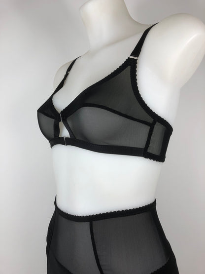 Sheer see through black mesh soft bra bralette, front fastening with two hooks. Transparent fetish bettie page inspired lingerie underwear. Longline girdle and Girdlette and corselette also available