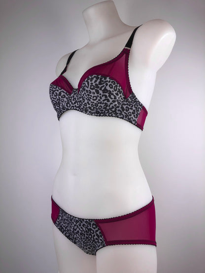  Pink Panther lingerie set including classic cut knicker dark panther print, magenta mesh, vintage-inspired design.